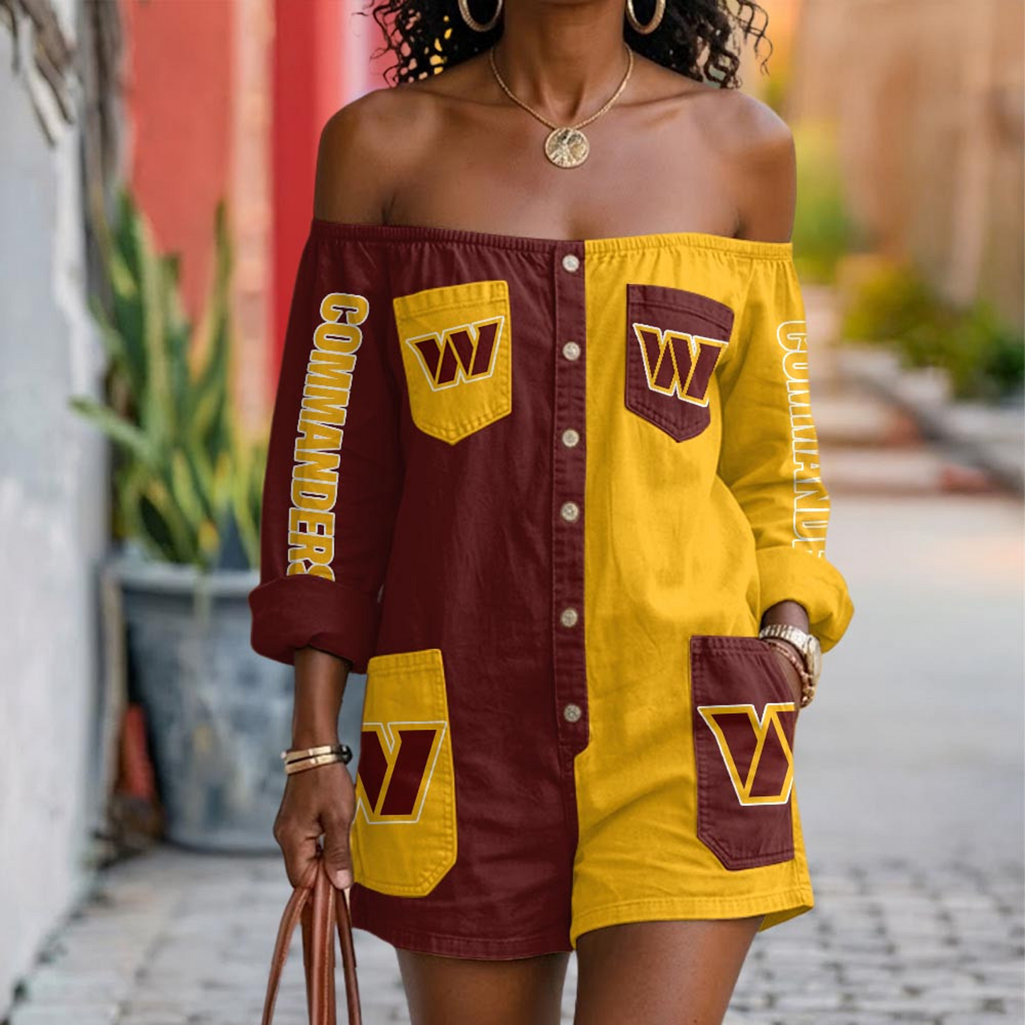 WAS x NFL Button-Front Off-Shoulder Dress DATND TANTD 060626