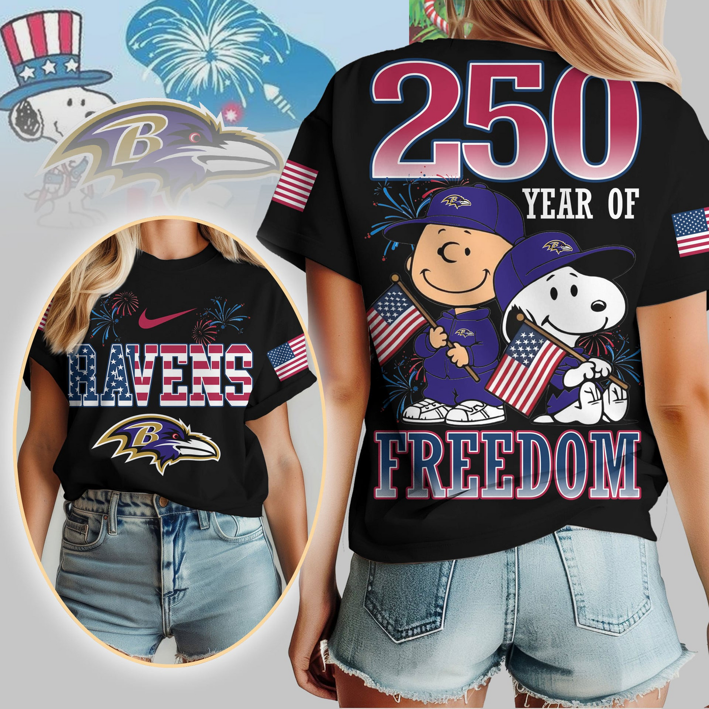 BR Premium NFL Peanuts 250 Years Of Freedom 3D Shirt DDT NTL