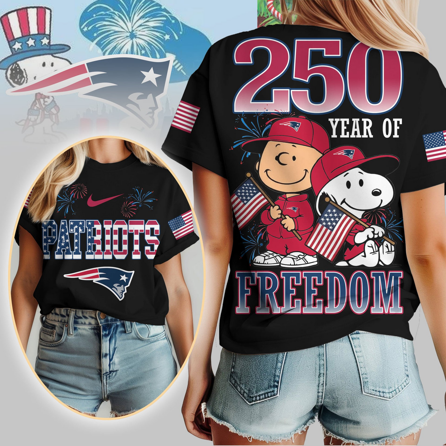 NEP Premium NFL Peanuts 250 Years Of Freedom 3D Shirt DDT NTL