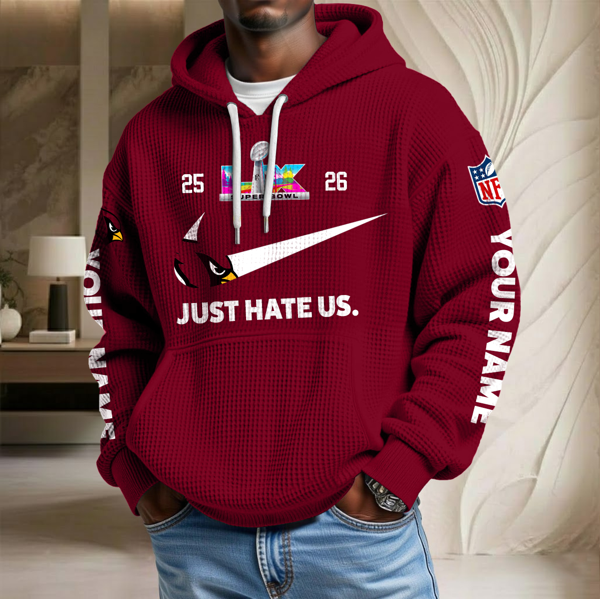 NFL x ARI SB Just Hate Us Custom Name Waffle Hoodie HLP HLPHUONG