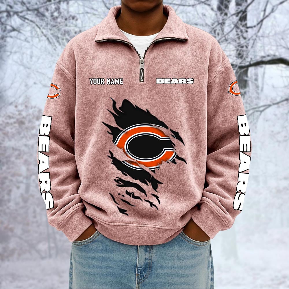 NFL x CHI Custom Name Half-zip Collar Suede Sweatshirt HLP HLPHUONG