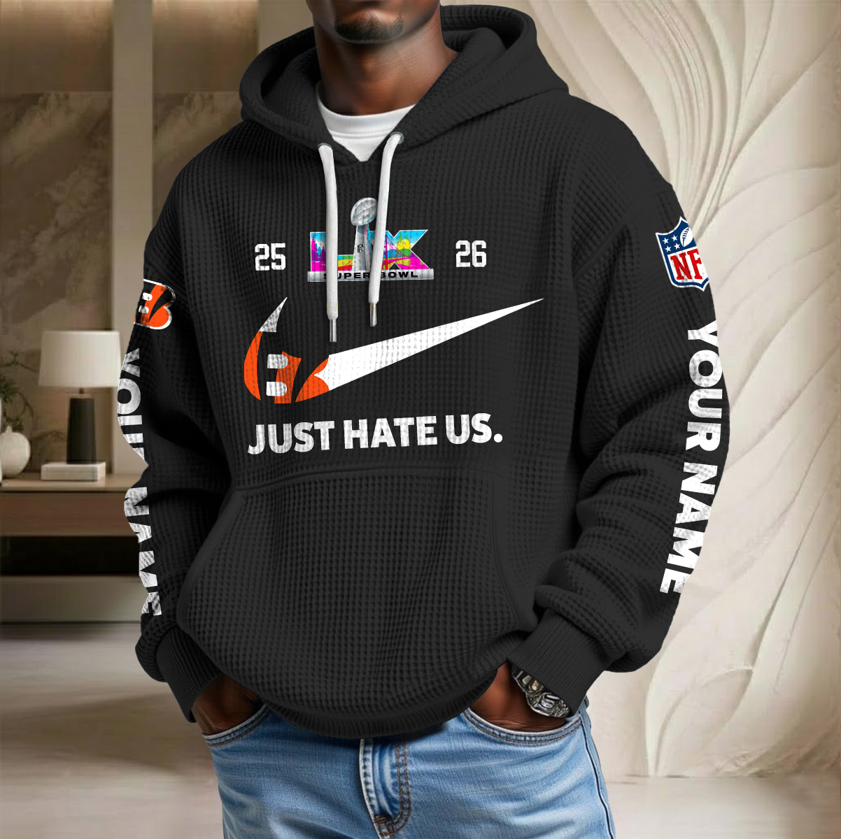 NFL x CIN SB Just Hate Us Custom Name Waffle Hoodie HLP HLPHUONG