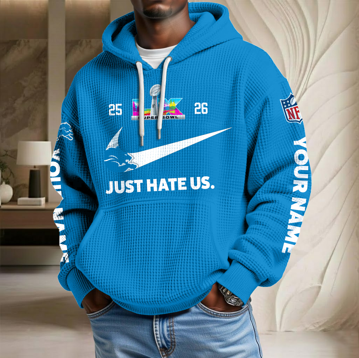 NFL x DET SB Just Hate Us Custom Name Waffle Hoodie HLP HLPHUONG