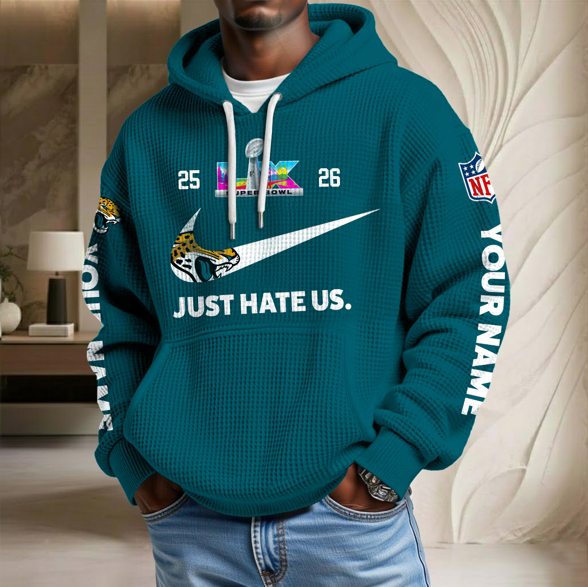 NFL x JAX SB Just Hate Us Custom Name Waffle Hoodie HLP HLPHUONG