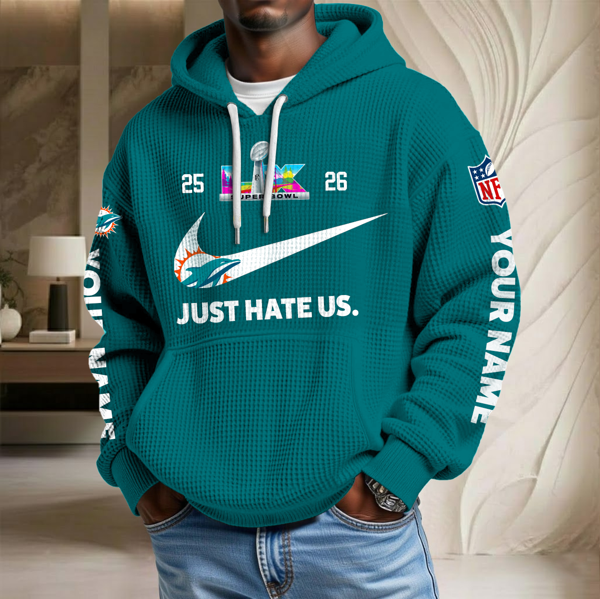 NFL x MIA SB Just Hate Us Custom Name Waffle Hoodie HLP HLPHUONG