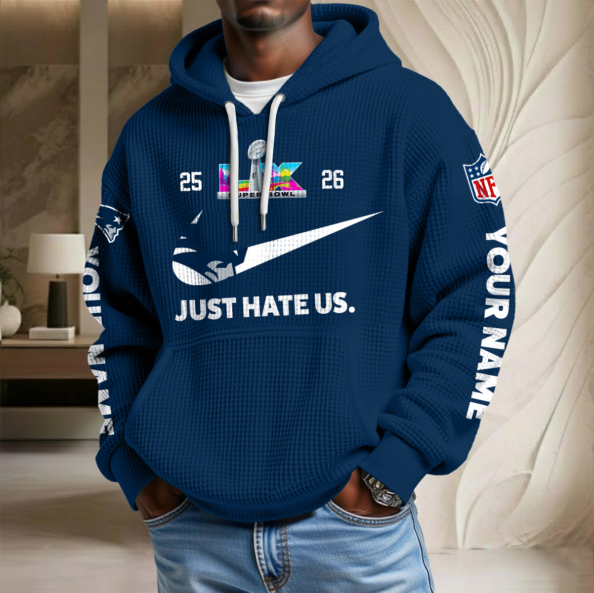 NFL x NE SB Just Hate Us Custom Name Waffle Hoodie HLP HLPHUONG