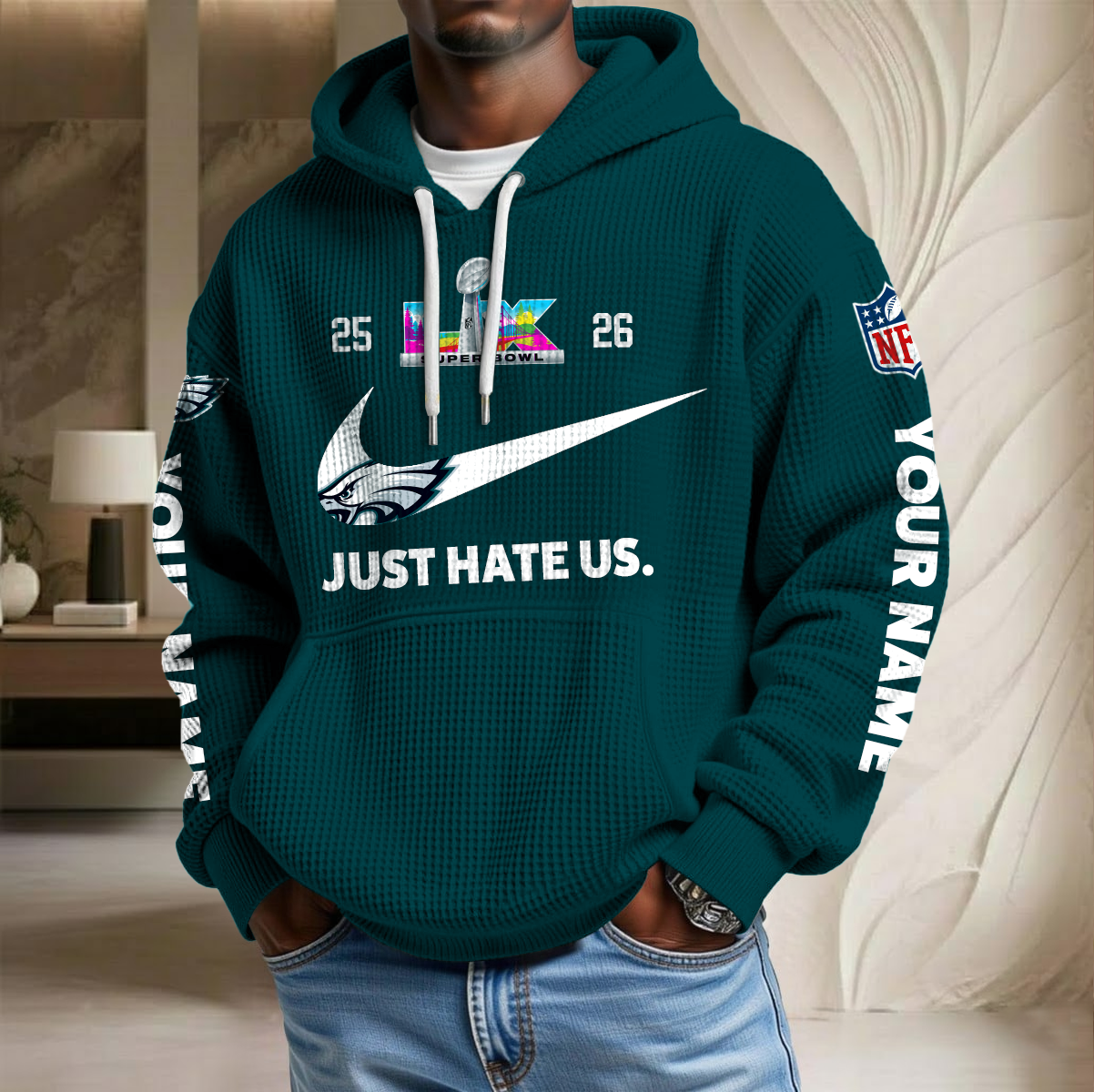 NFL x PHI SB Just Hate Us Custom Name Waffle Hoodie HLP HLPHUONG