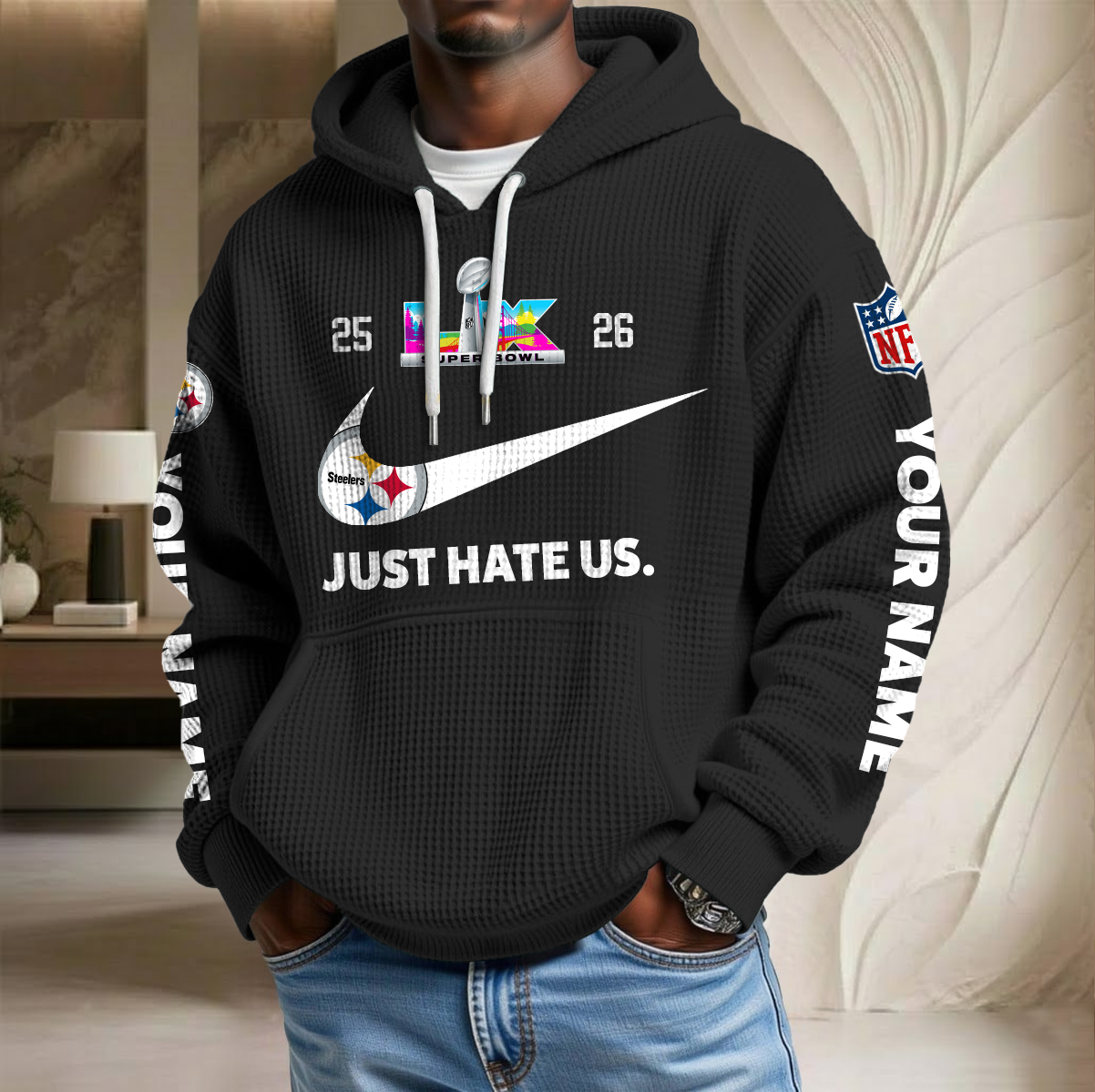 NFL x PIT SB Just Hate Us Custom Name Waffle Hoodie HLP HLPHUONG