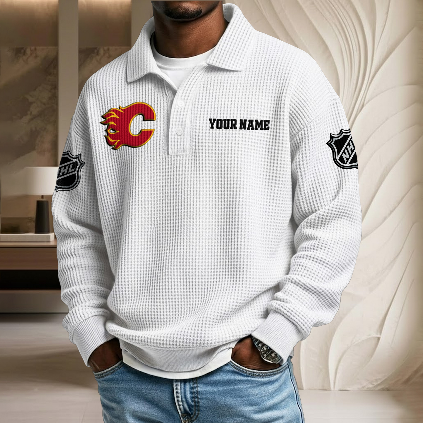 NHL x CAL Custom Name Waffle Three Button Lapel Polo HLP HLPHUONG