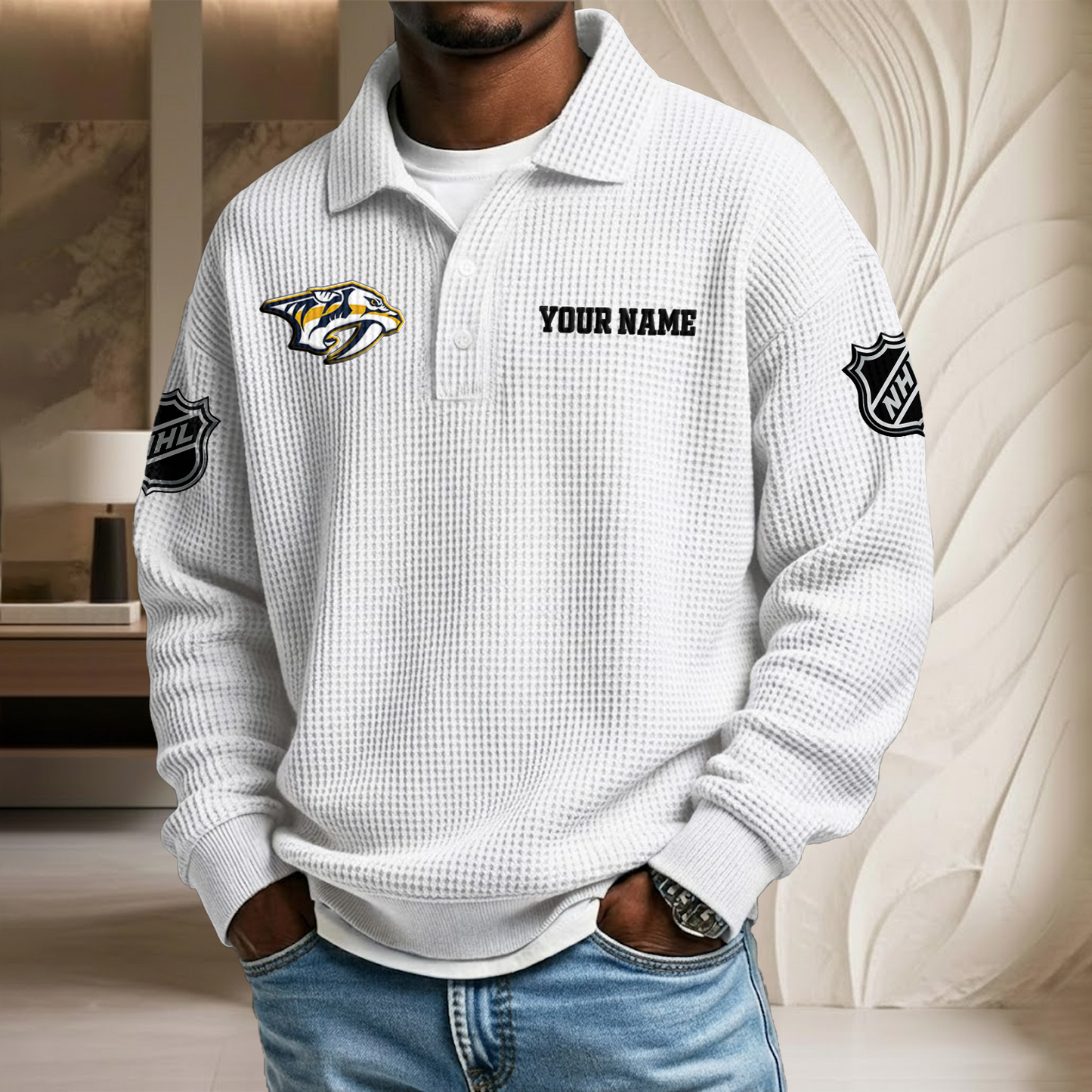 NHL x NAS Custom Name Waffle Three Button Lapel Polo HLP HLPHUONG
