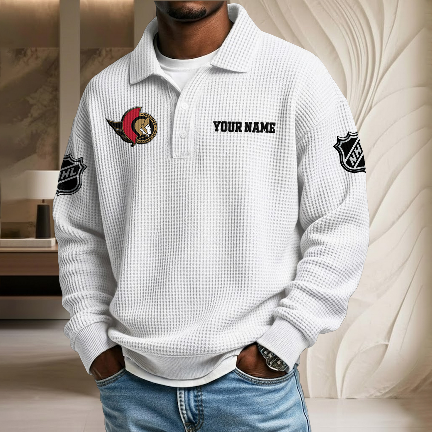 NHL x OTT Custom Name Waffle Three Button Lapel Polo HLP HLPHUONG