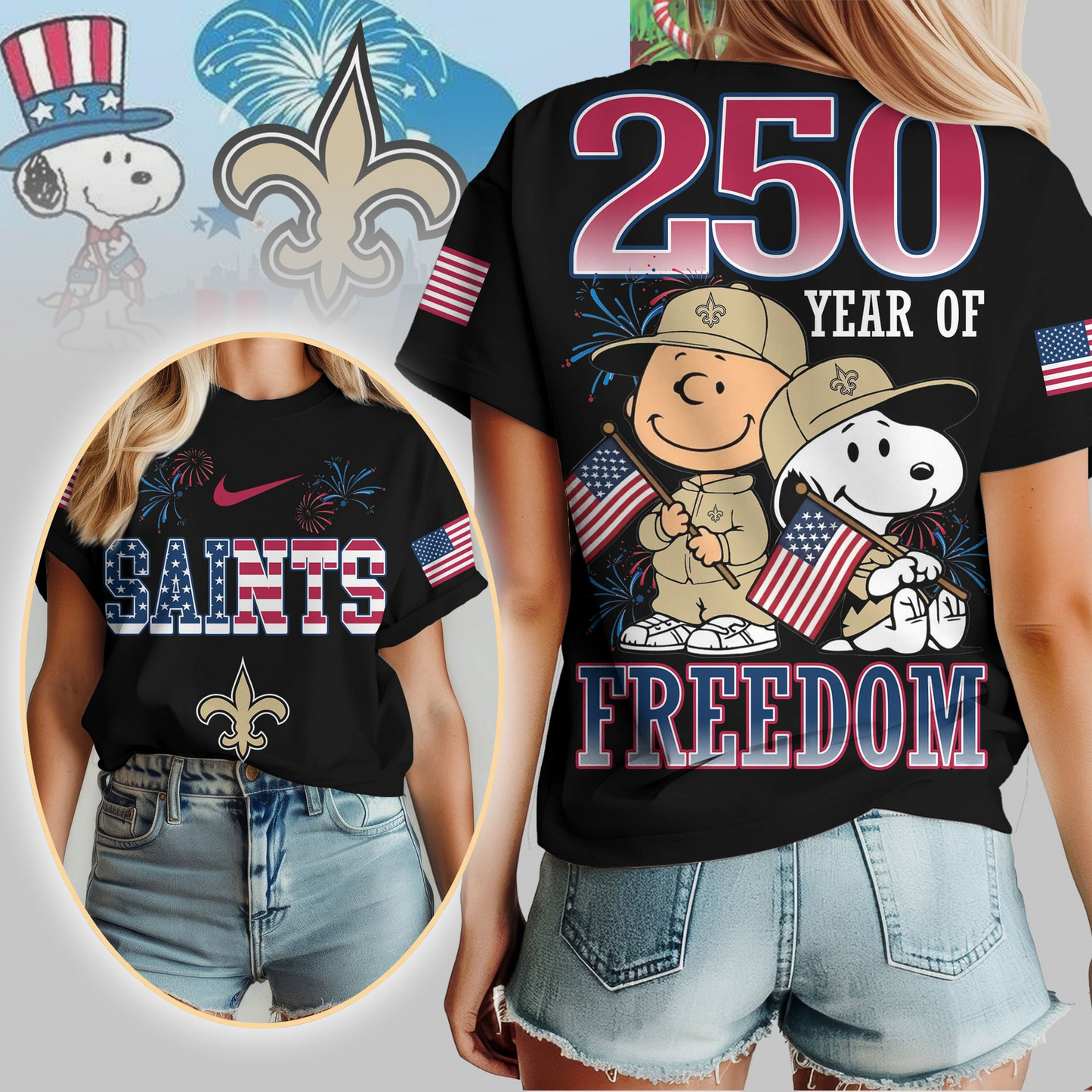 NOS Premium NFL Peanuts 250 Years Of Freedom 3D Shirt DDT NTL