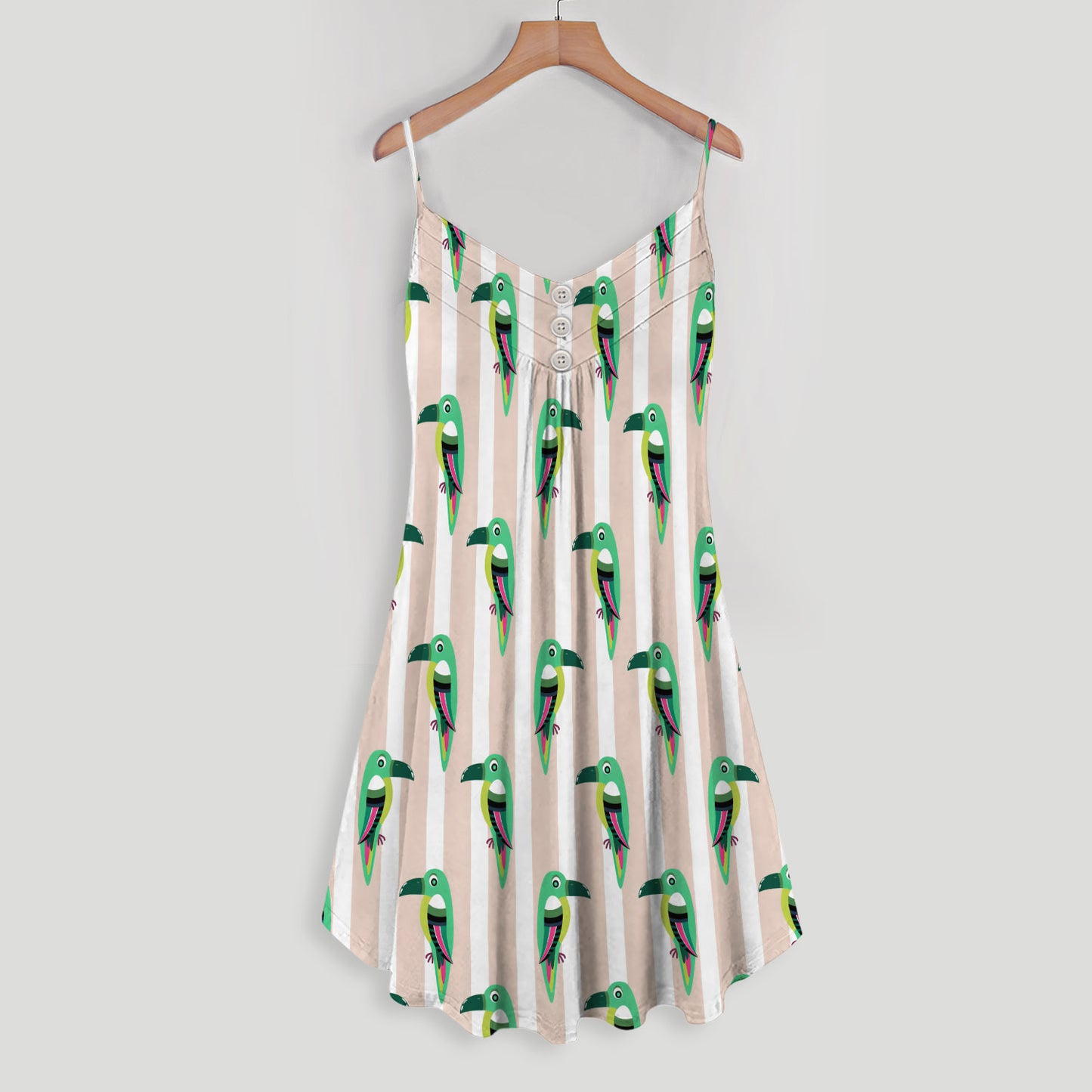 Green Parrot On Pink And White Pastel Stripes Spaghetti Strap Summer Dress | Women Sleeveless V Neck Mini Dress