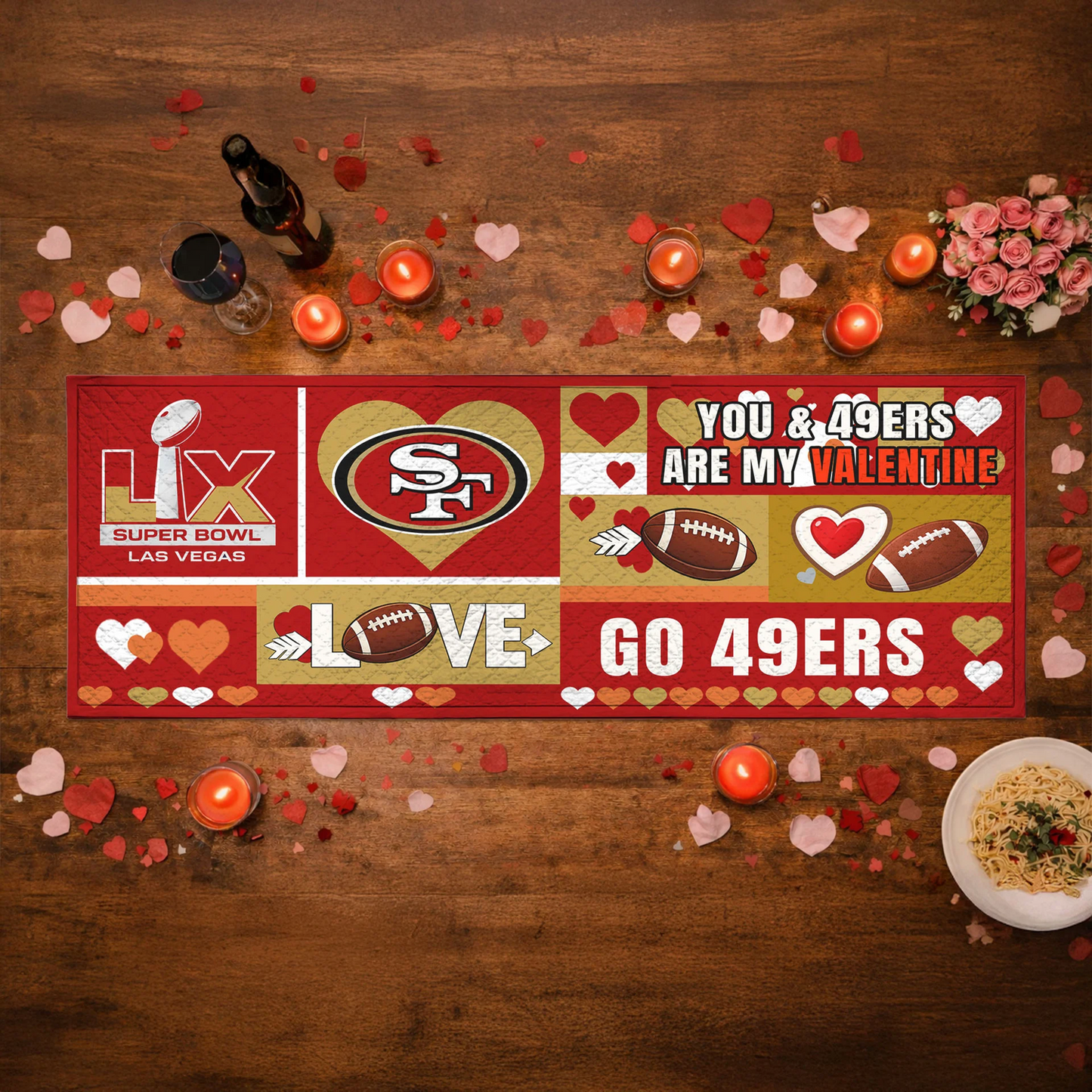 SF X NFL Premium Super Bowl-themed tablecloth, quilted and embroidered, perfect for Valentine's Day NAK NHT