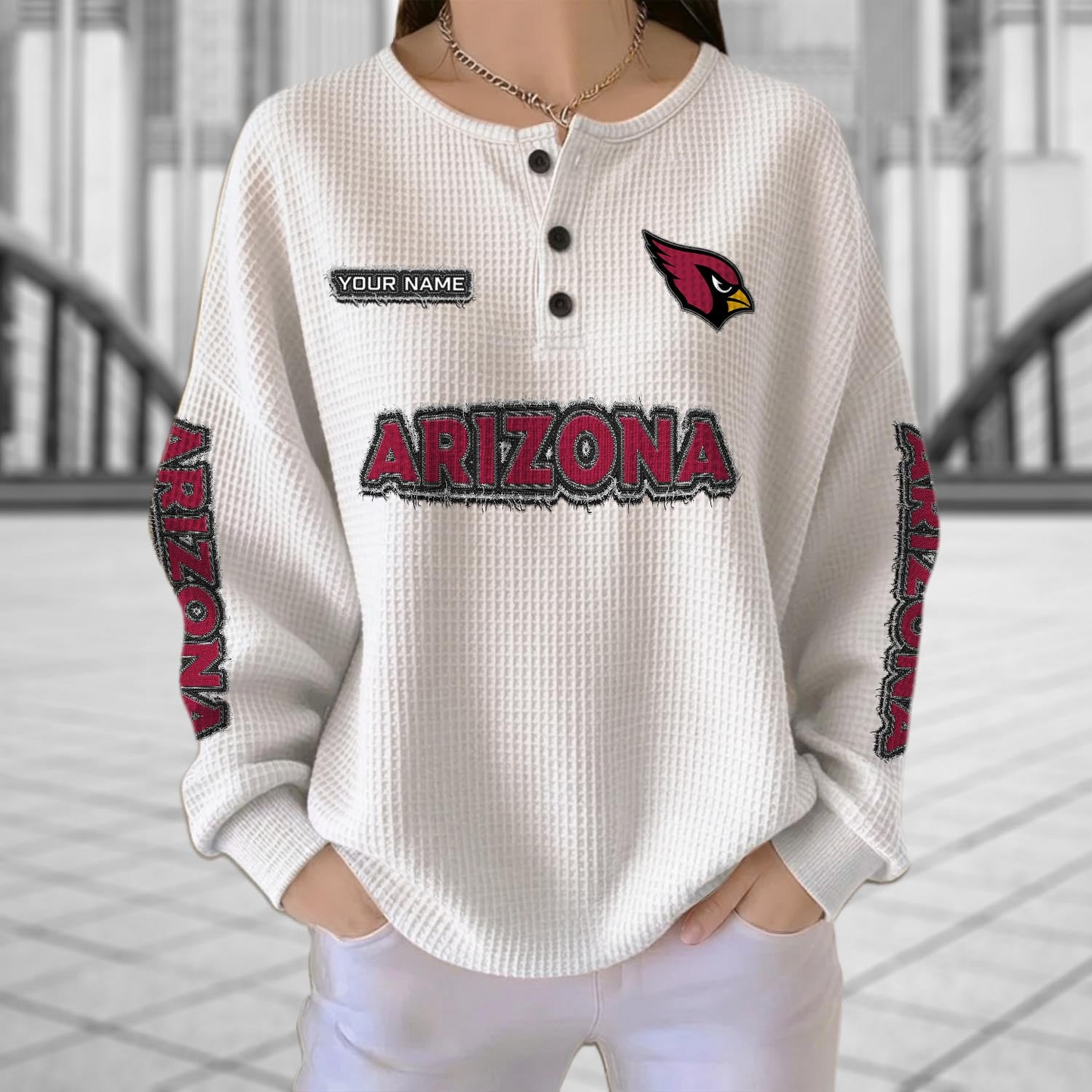 ARI x NFL Personalized Waffle Knit Henley Sweatshirt 2005 DatND DVT