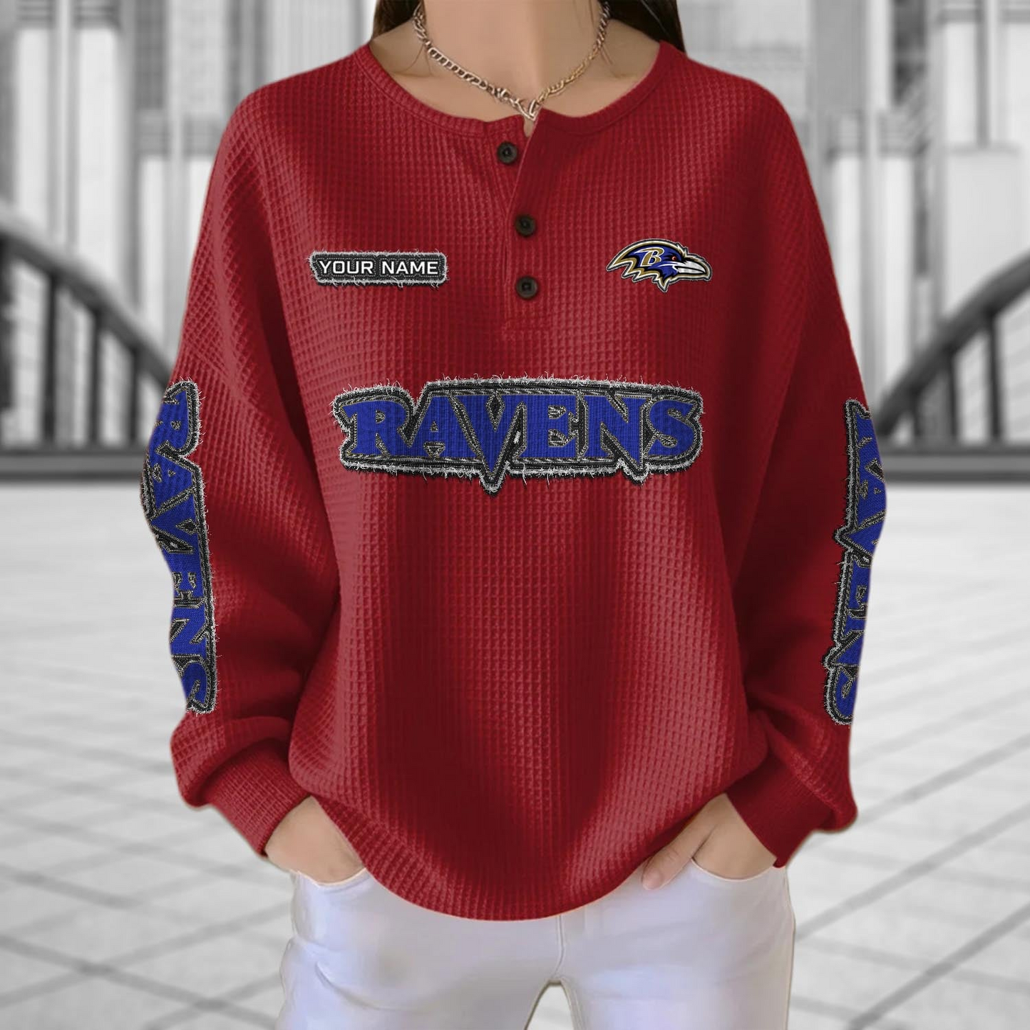BAL x NFL Personalized Waffle Knit Henley Sweatshirt 2005 DatND DVT