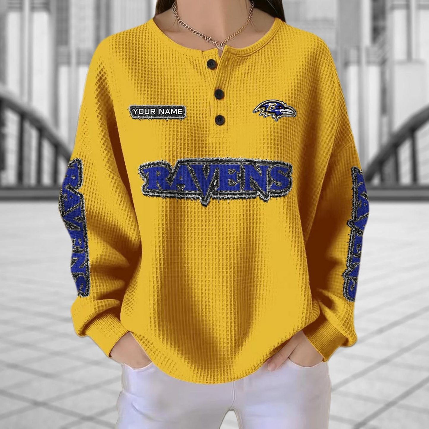 BAL x NFL Personalized Waffle Knit Henley Sweatshirt 2005 DatND DVT