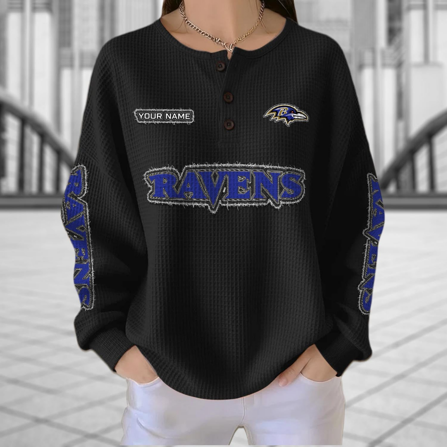BAL x NFL Personalized Waffle Knit Henley Sweatshirt 2005 DatND DVT