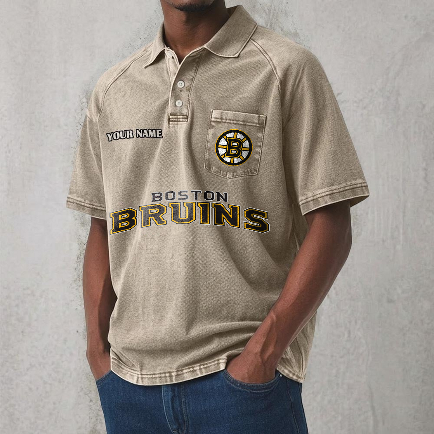 BOS x NHL Men's Distressed Turn-Down Collar Polo DATND TANTD 250526