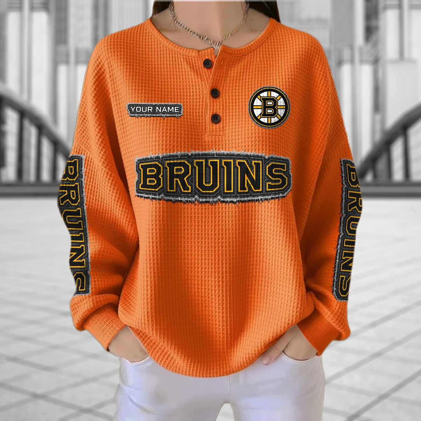 BOS x NHL Personalized Waffle Knit Henley Sweatshirt 2005 DatND DVT
