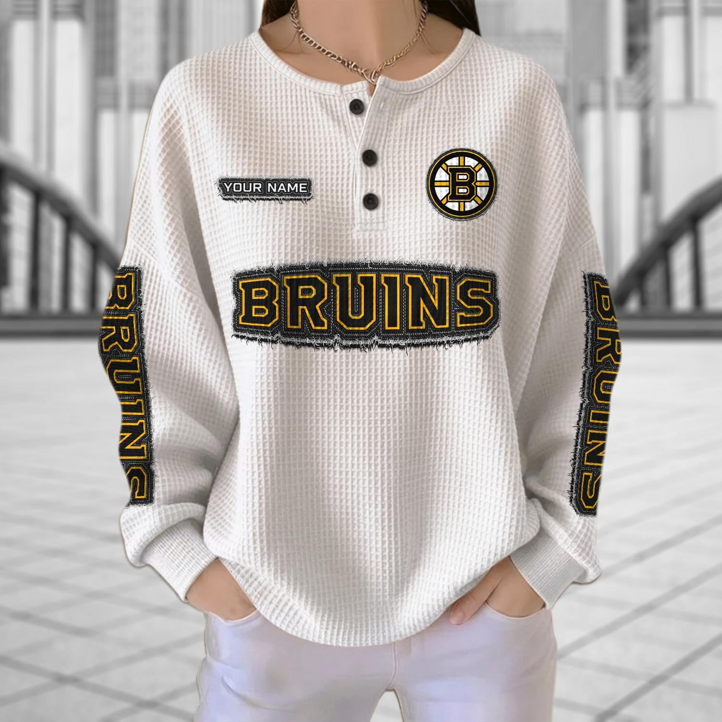 BOS x NHL Personalized Waffle Knit Henley Sweatshirt 2005 DatND DVT