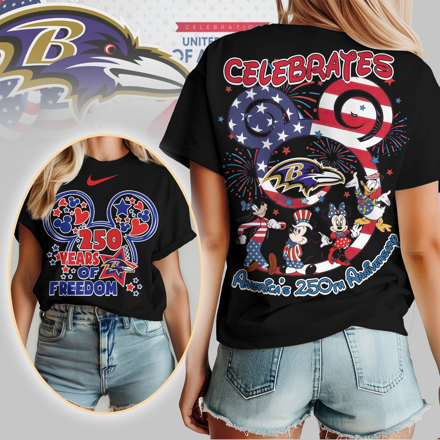 BR Premium NFL Mickey Celebrates America 250th Anniversary Women Shirt DDT NTL