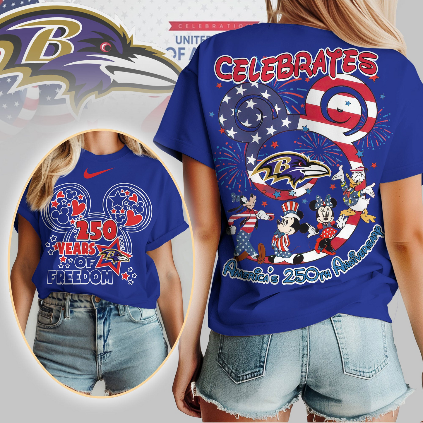 BR Premium NFL Mickey Celebrates America 250th Anniversary Women Shirt DDT NTL
