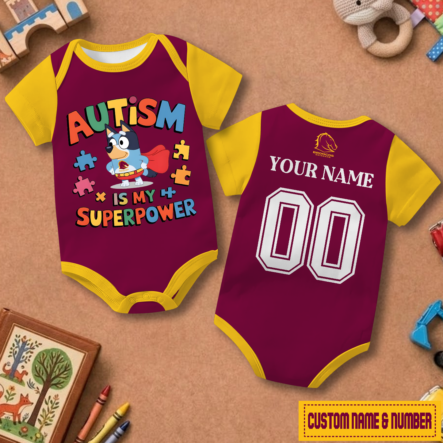 BRI x NRL Custom Name & Number  Baby Romper DATND TANTD