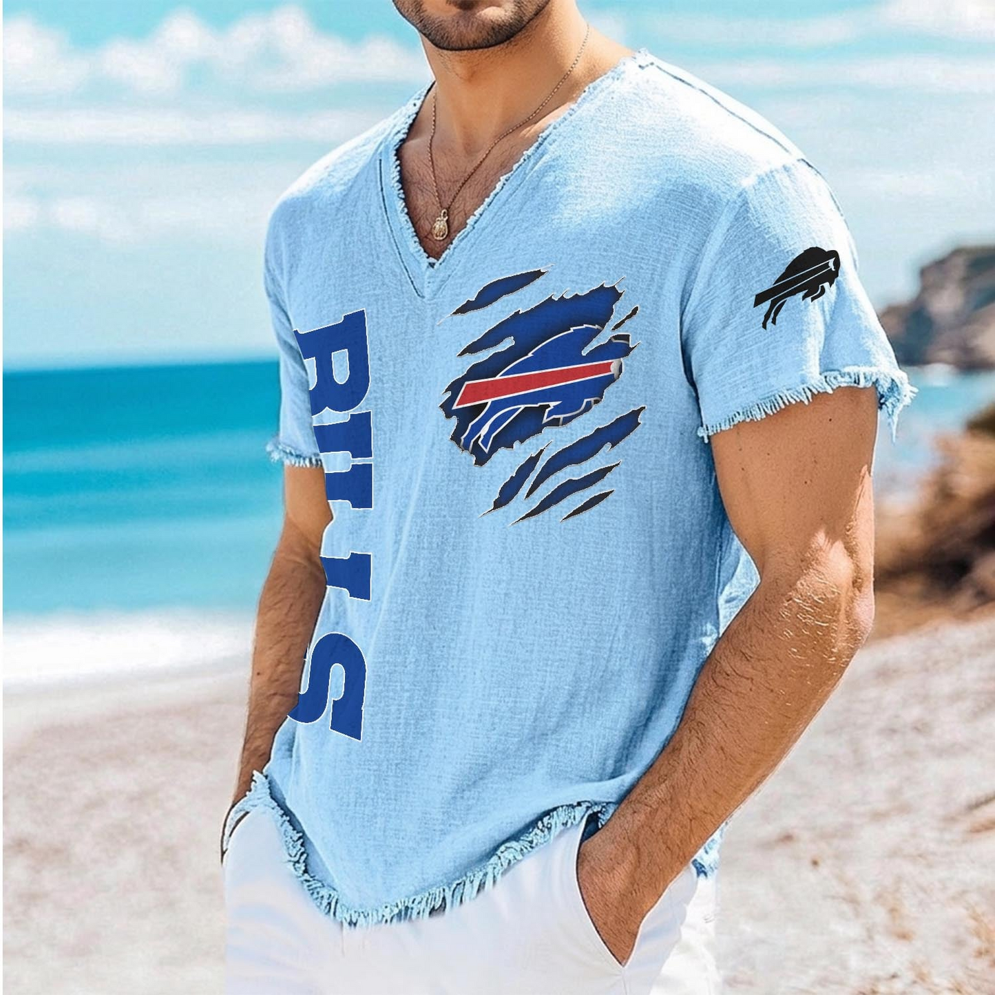 BUF x NFL V-Neck Linen Beach Shirt 1905 DatND DVT