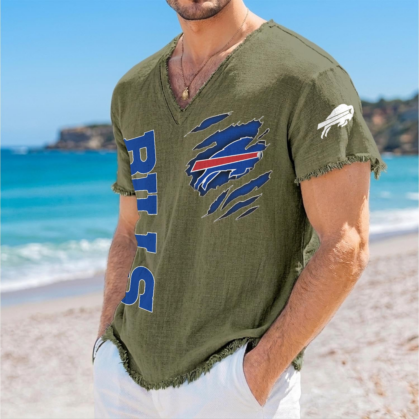BUF x NFL V-Neck Linen Beach Shirt 1905 DatND DVT