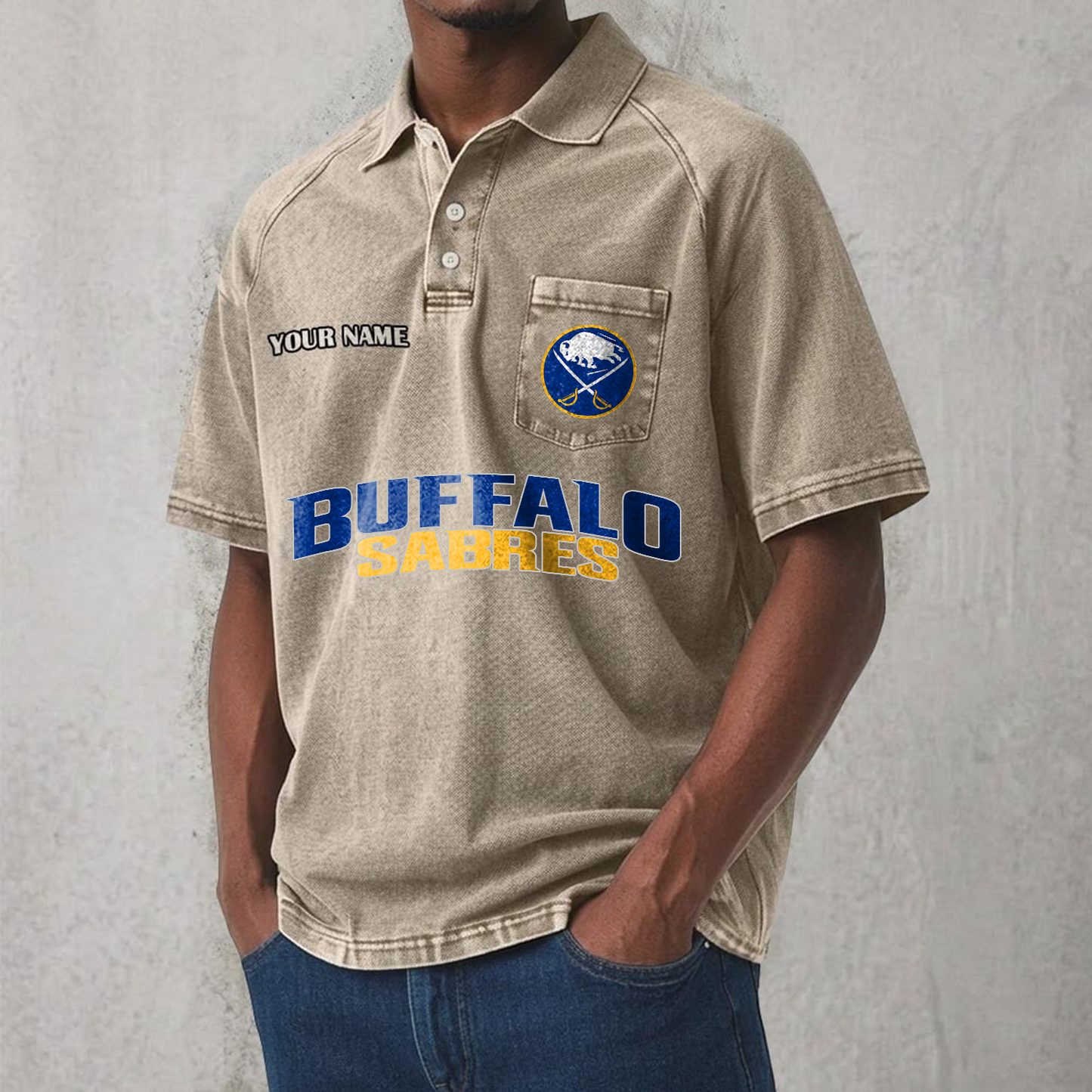 BUF x NHL Men's Distressed Turn-Down Collar Polo DATND TANTD 250526