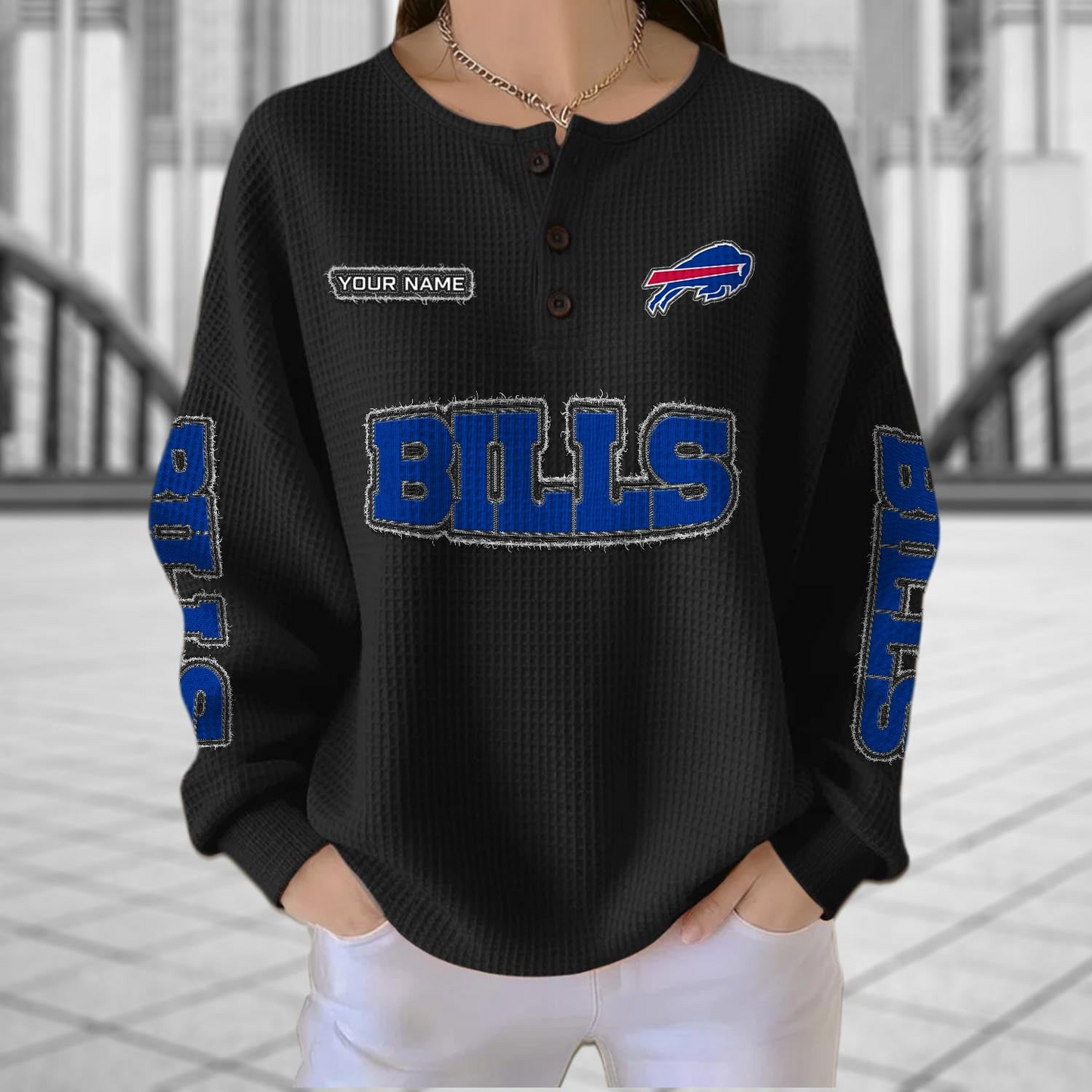 BUF x NFL Personalized Waffle Knit Henley Sweatshirt 2005 DatND DVT