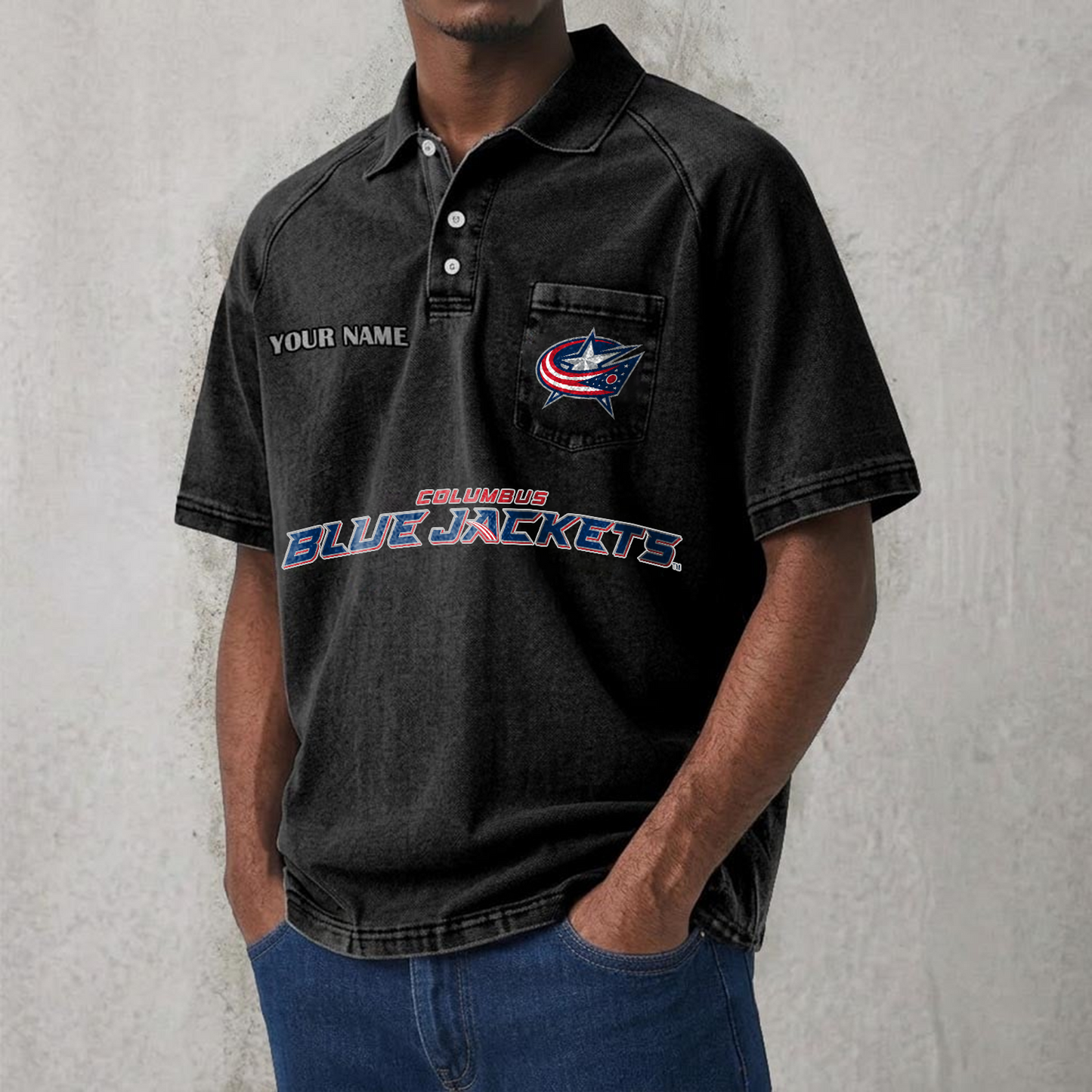CBJ x NHL Men's Distressed Turn-Down Collar Polo DATND TANTD 250526