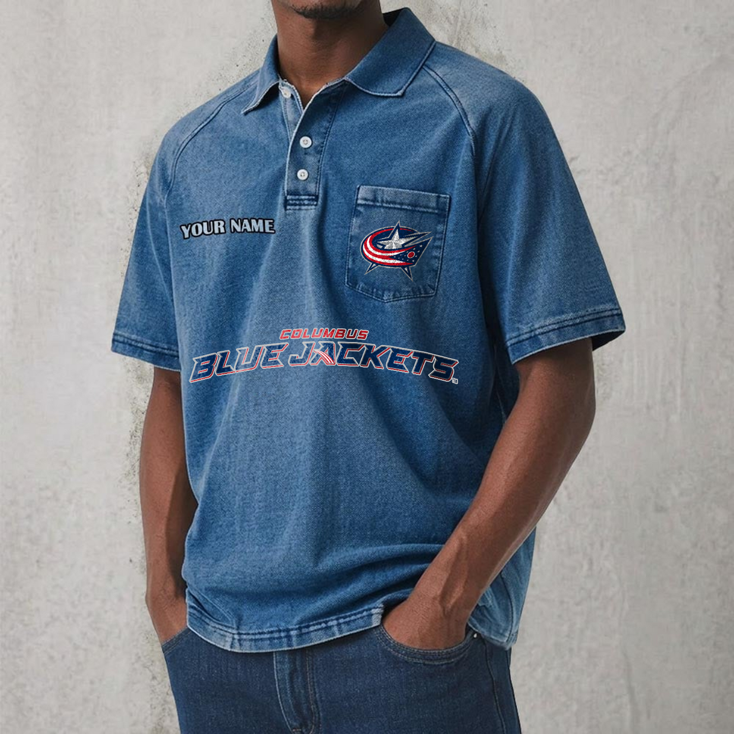 CBJ x NHL Men's Distressed Turn-Down Collar Polo DATND TANTD 250526