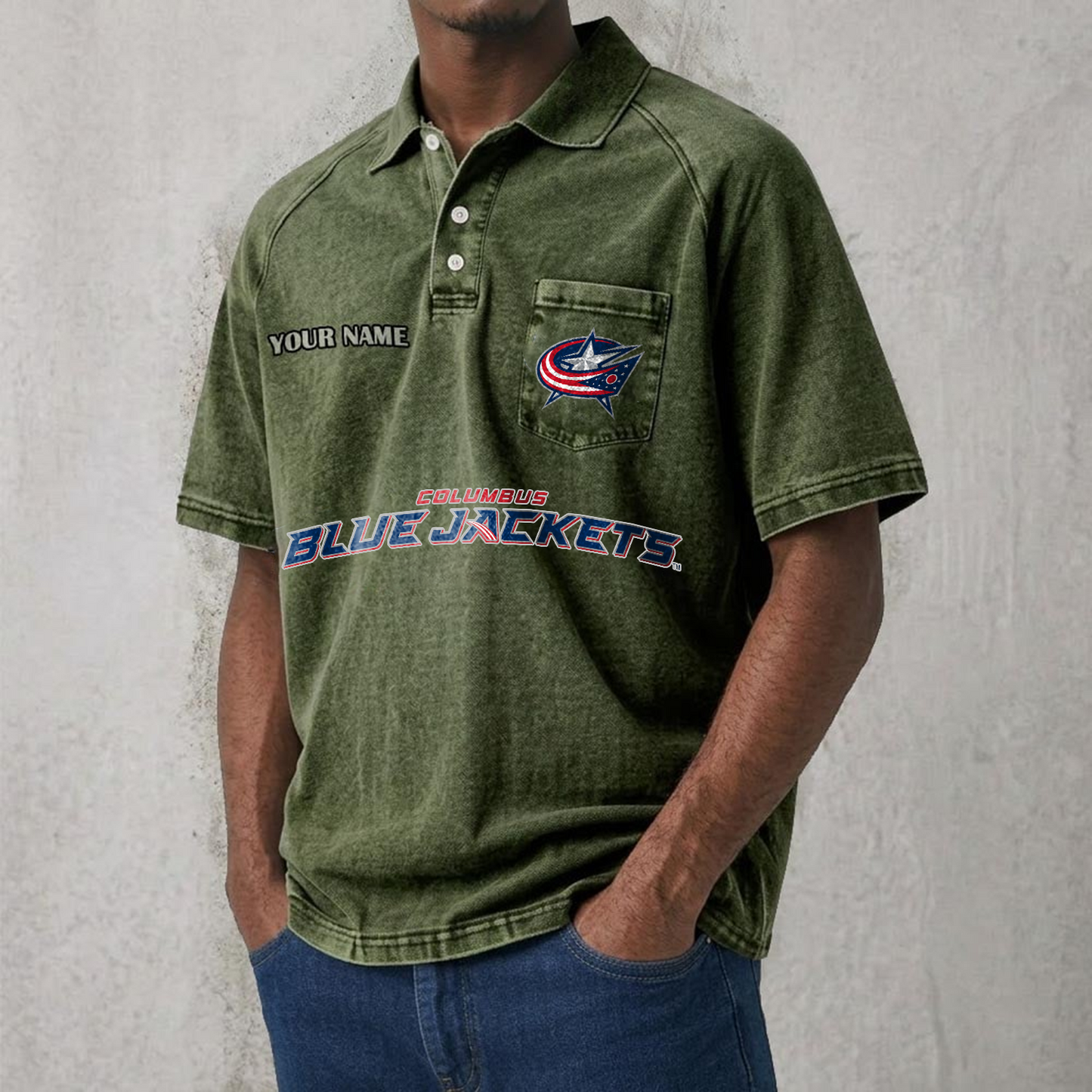 CBJ x NHL Men's Distressed Turn-Down Collar Polo DATND TANTD 250526