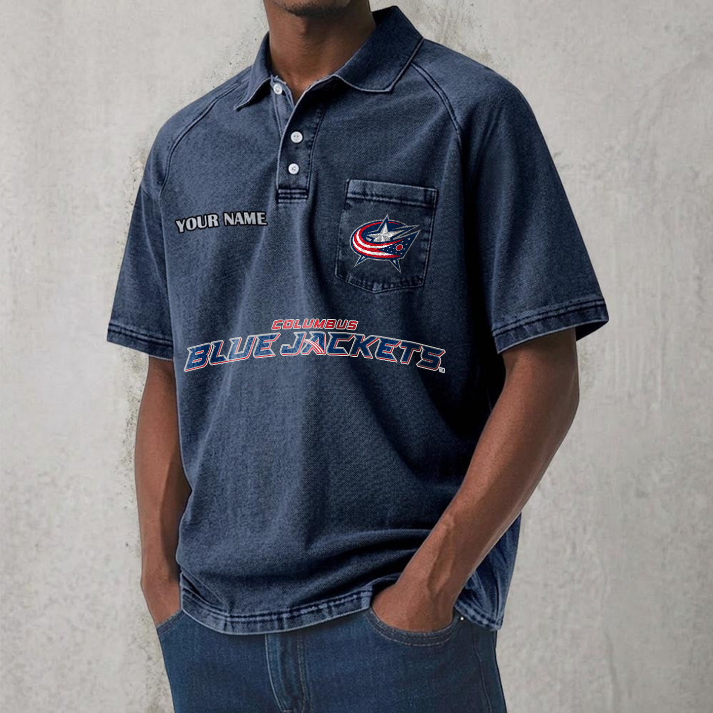 CBJ x NHL Men's Distressed Turn-Down Collar Polo DATND TANTD 250526