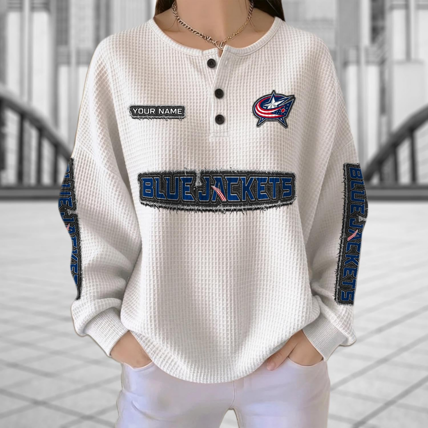 CBJ x NHL Personalized Waffle Knit Henley Sweatshirt 2005 DatND DVT