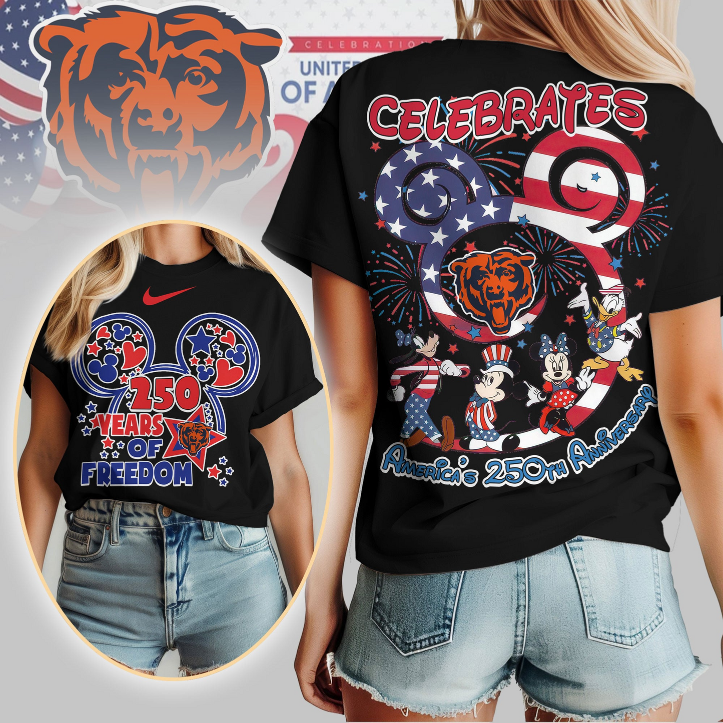 CHI Premium NFL Mickey Celebrates America 250th Anniversary Women Shirt DDT NTL