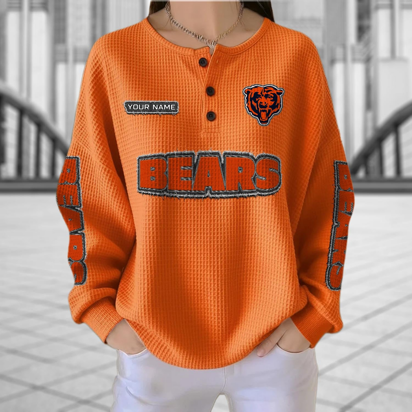 CHI x NFL Personalized Waffle Knit Henley Sweatshirt 2005 DatND DVT