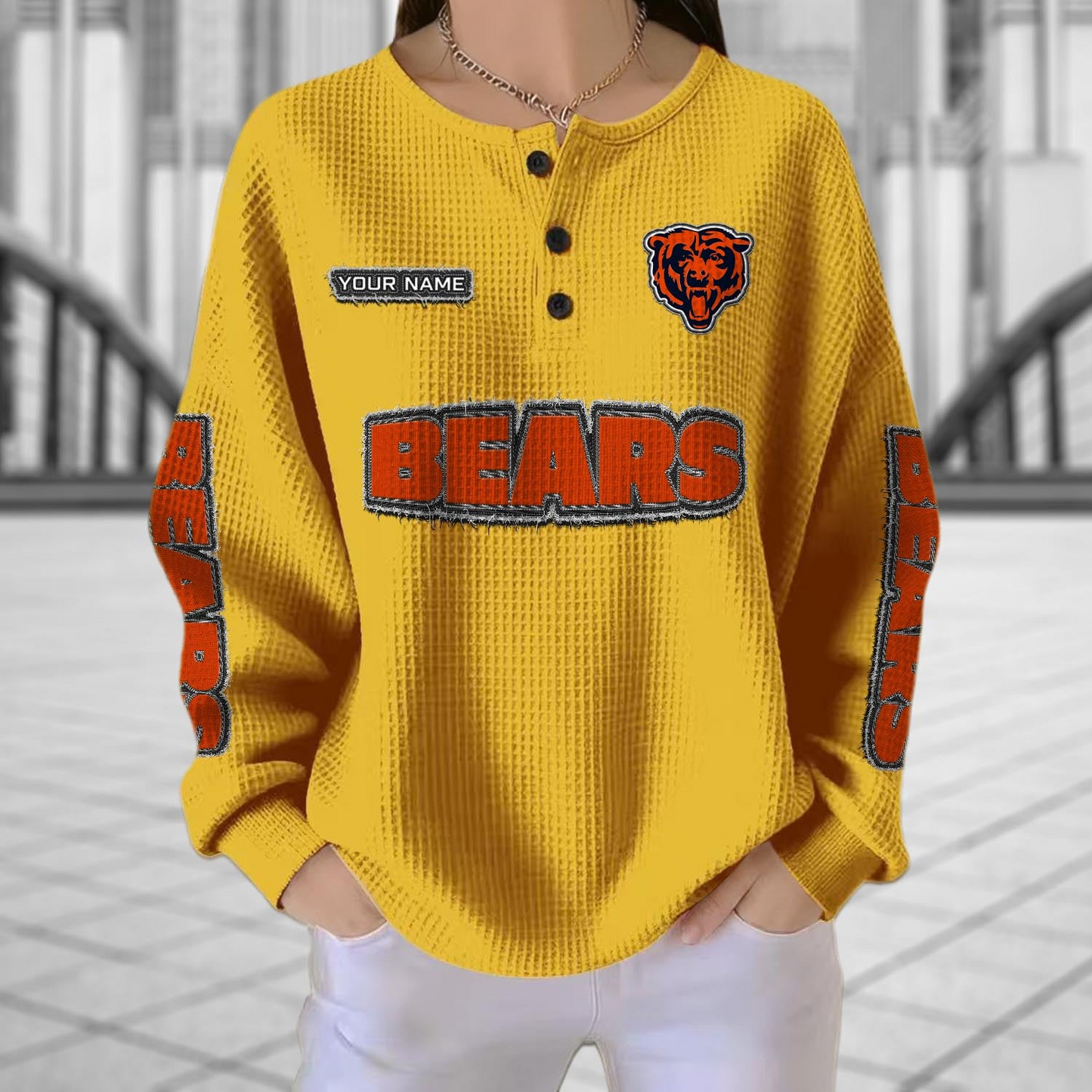 CHI x NFL Personalized Waffle Knit Henley Sweatshirt 2005 DatND DVT