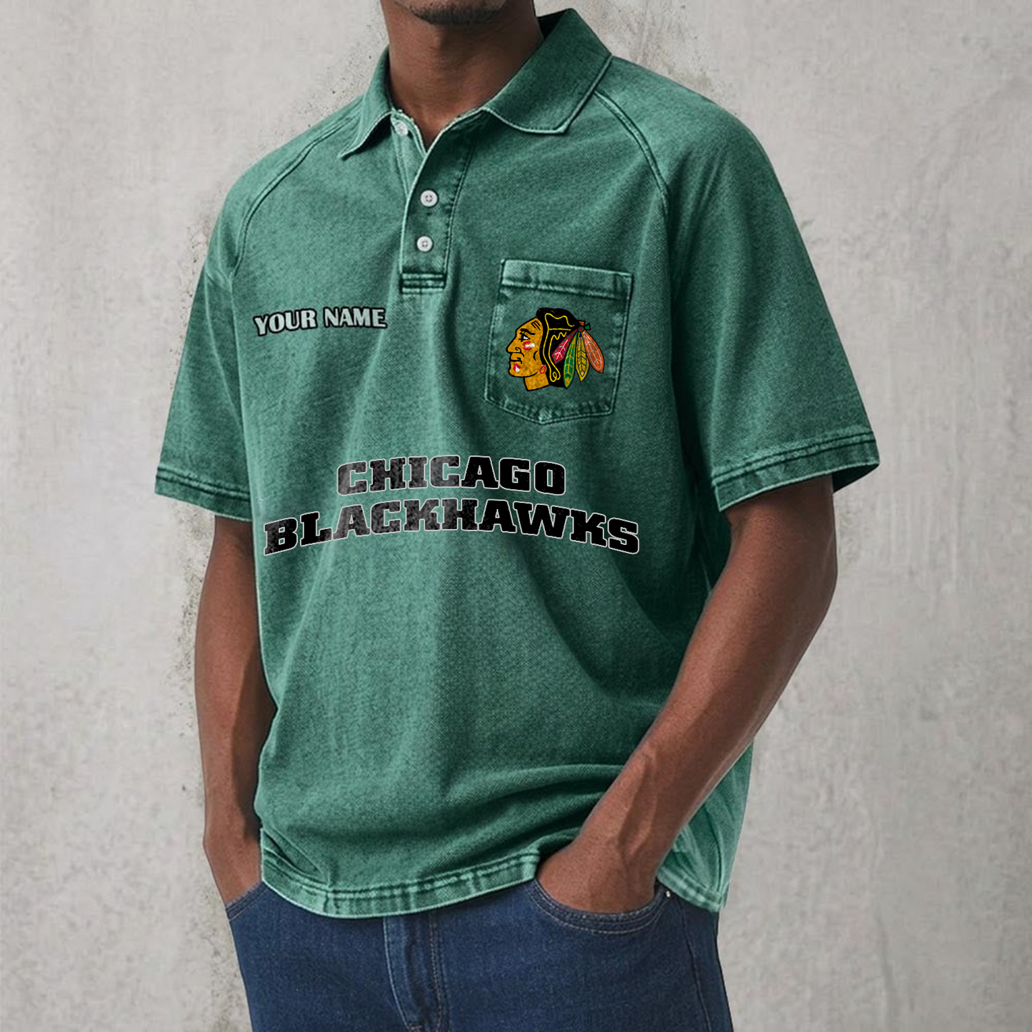 CHI x NHL Men's Distressed Turn-Down Collar Polo DATND TANTD 250526