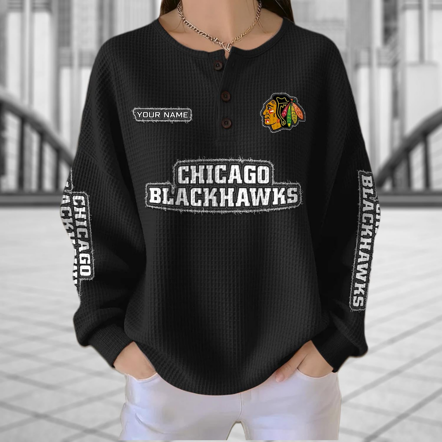 CHI x NHL Personalized Waffle Knit Henley Sweatshirt 2005 DatND DVT