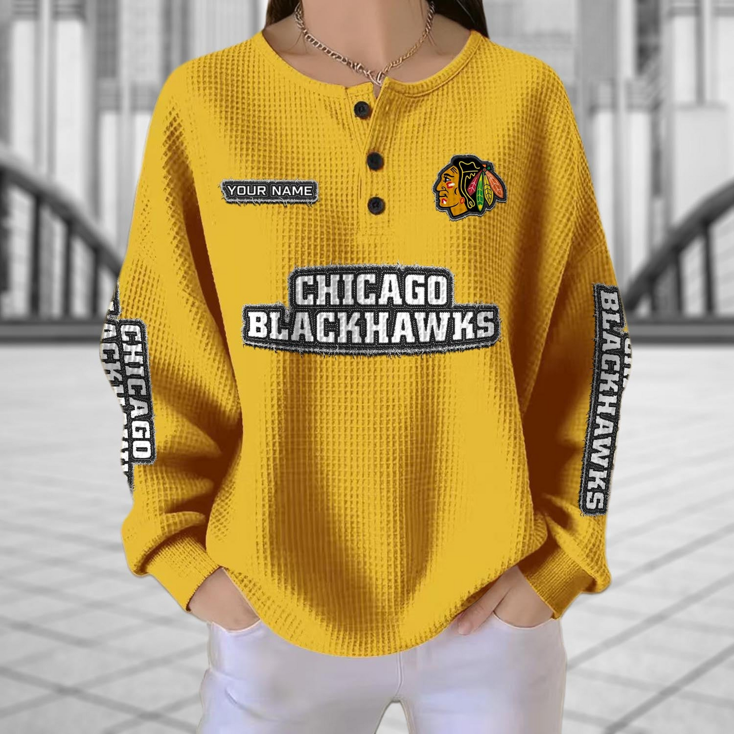 CHI x NHL Personalized Waffle Knit Henley Sweatshirt 2005 DatND DVT