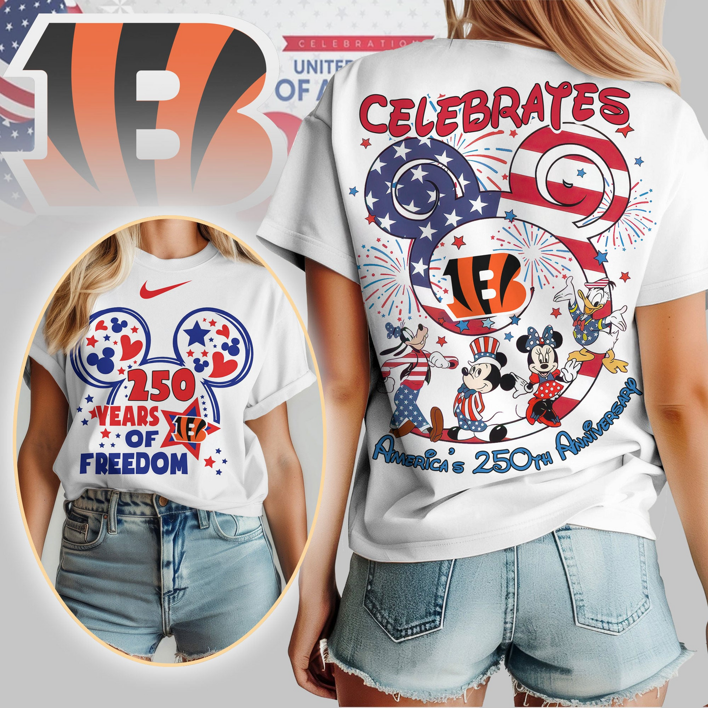 CIN Premium NFL Mickey Celebrates America 250th Anniversary Women Shirt DDT NTL