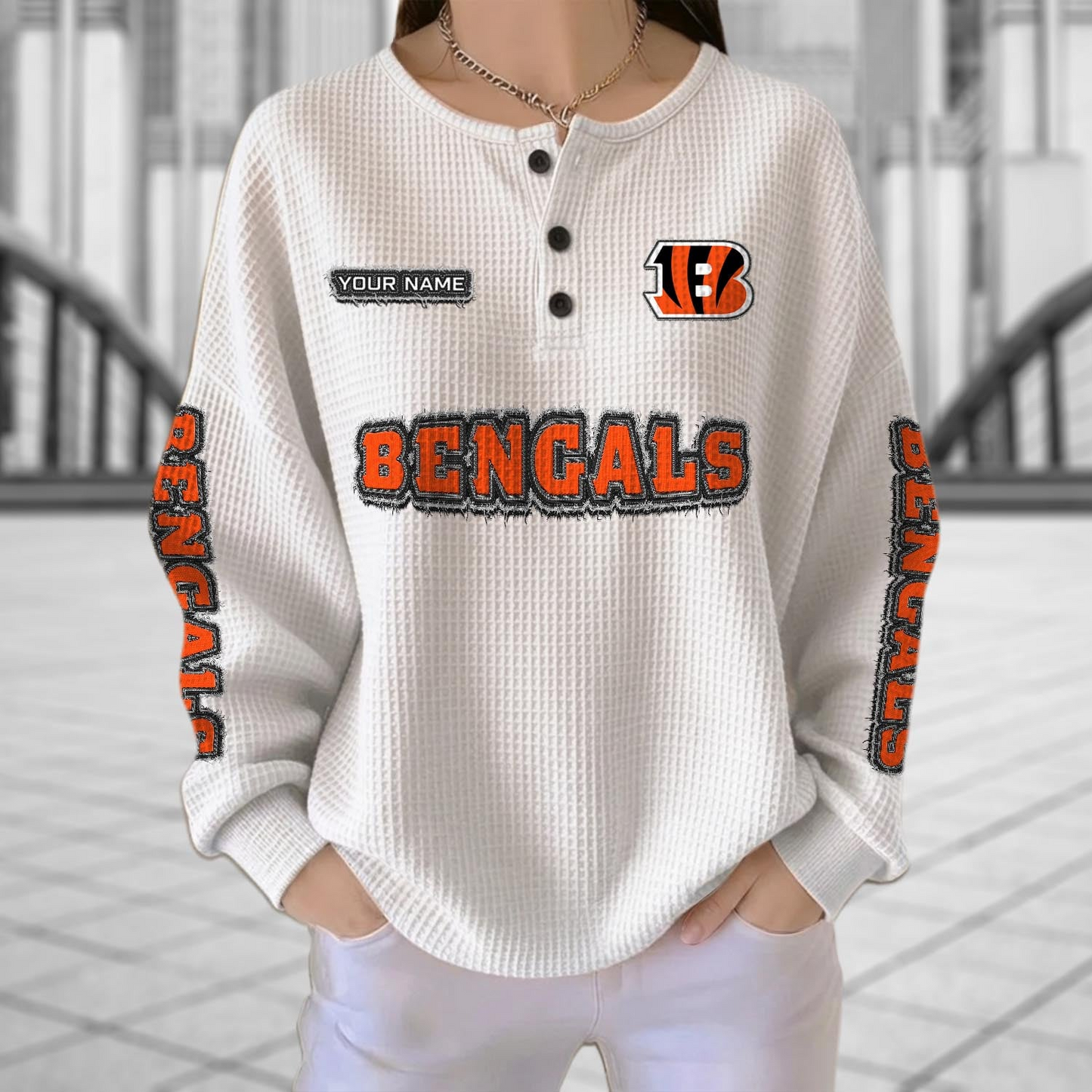 CIN x NFL Personalized Waffle Knit Henley Sweatshirt 2005 DatND DVT