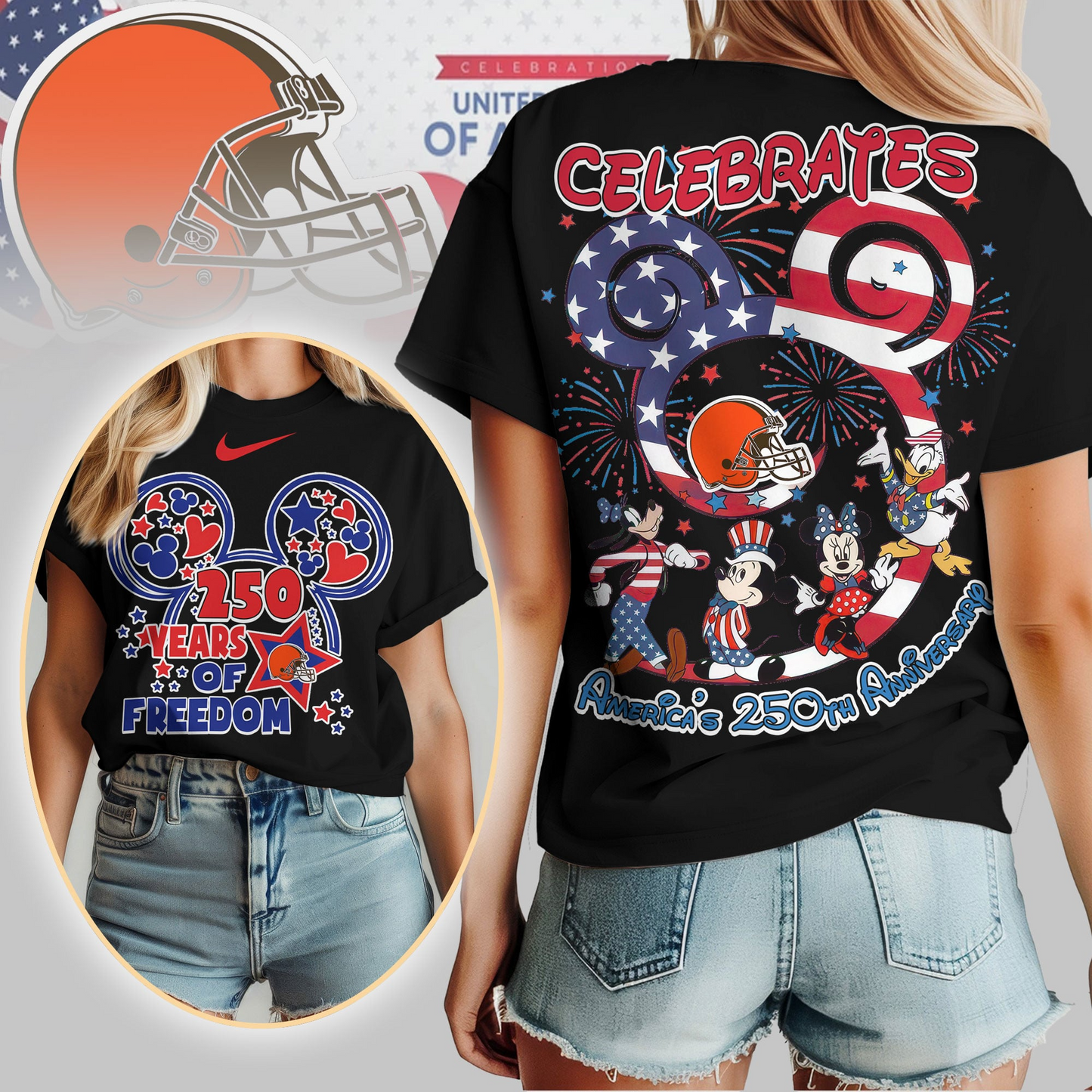CLE Premium NFL Mickey Celebrates America 250th Anniversary Women Shirt DDT NTL