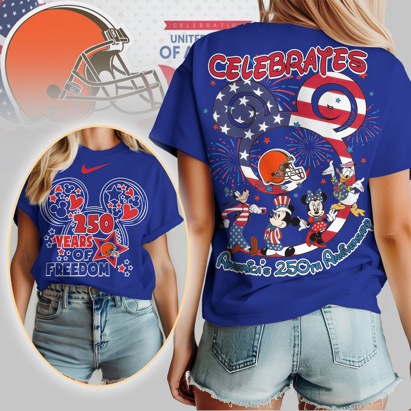 CLE Premium NFL Mickey Celebrates America 250th Anniversary Women Shirt DDT NTL
