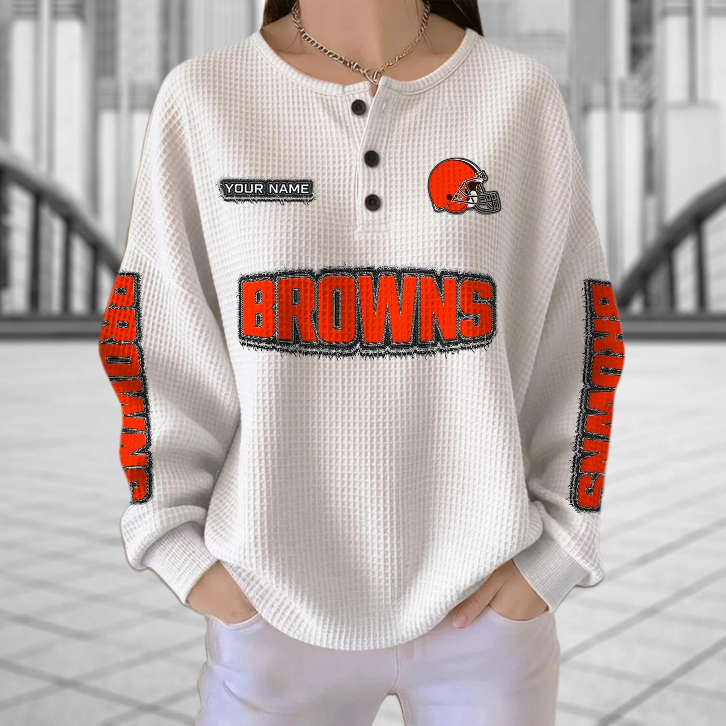 CLE x NFL Personalized Waffle Knit Henley Sweatshirt 2005 DatND DVT
