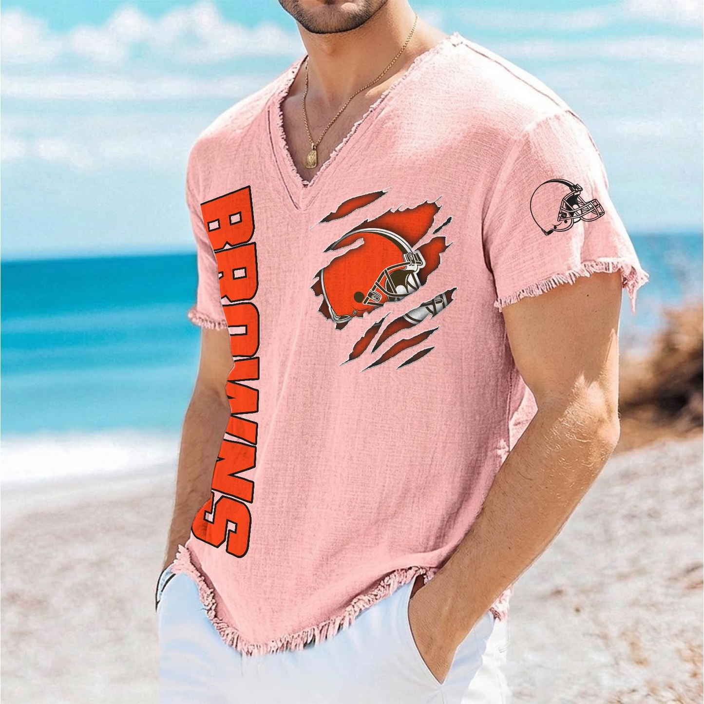 CLE x NFL V-Neck Linen Beach Shirt 1905 DatND DVT