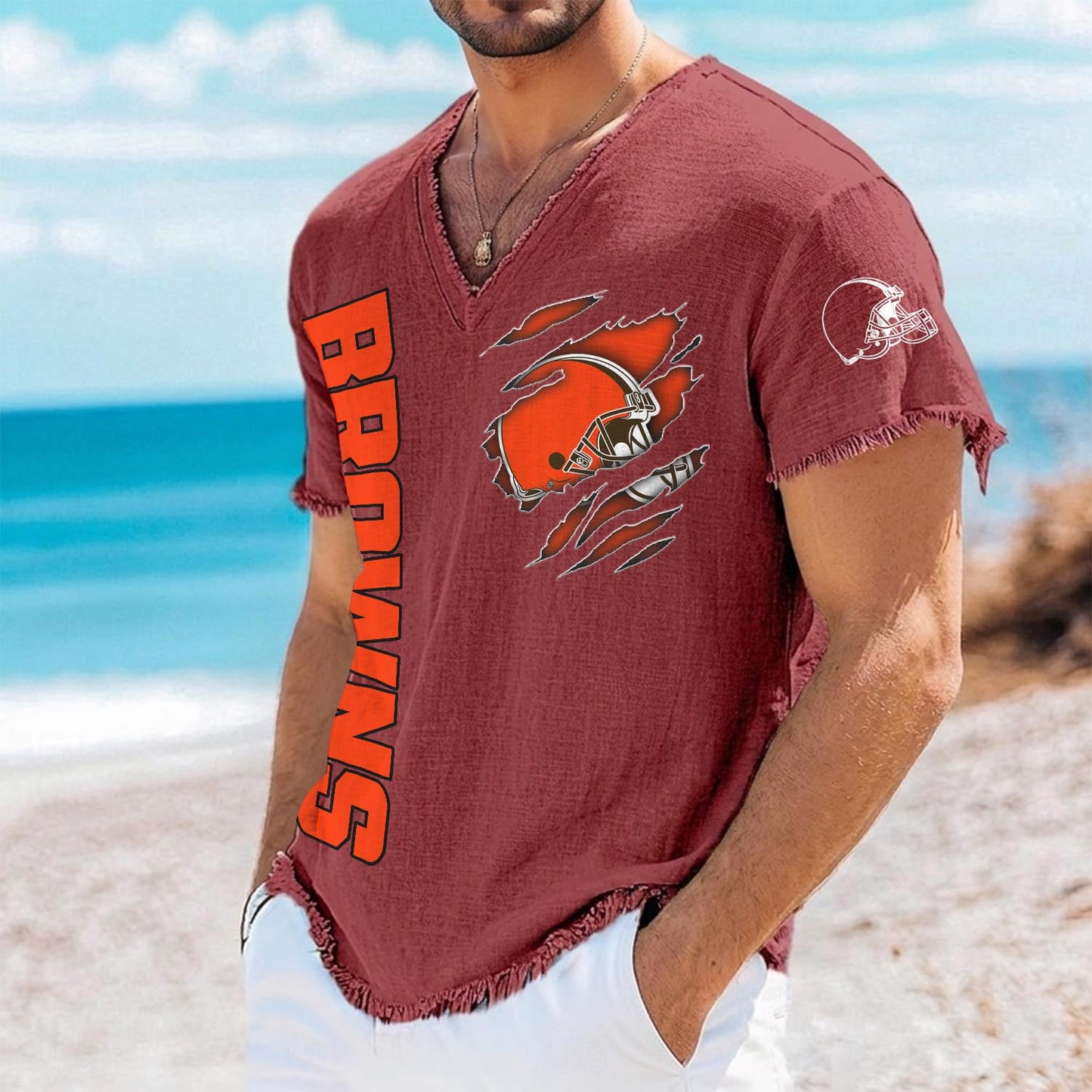 CLE x NFL V-Neck Linen Beach Shirt 1905 DatND DVT